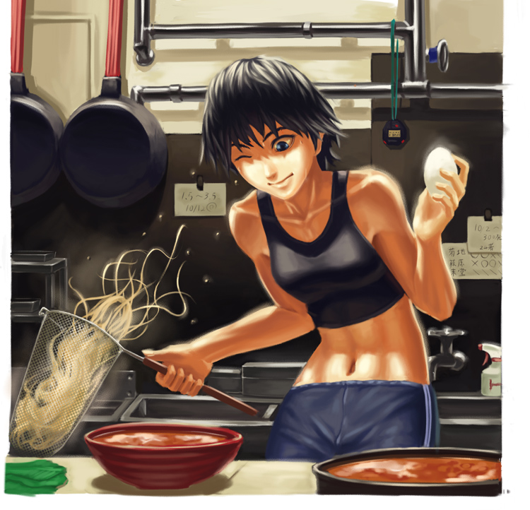 doi tabasuko, kikuchi makoto, idolmaster, idolmaster (classic), idolmaster 1, 00s, 1girl, abs, bare shoulders, black hair, blue eyes, bowl, cooking, cowboy shot, egg, female focus, food, frying pan, indoors, midriff, navel, noodle strainer, noodles, one eye closed, pants, short hair, slice of life, solo, soup, sports bra, strainer, toned, toned female, vegetable, wink