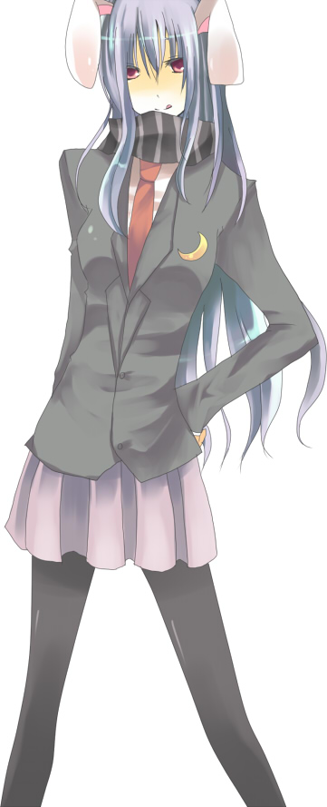 suzumura tomo, reisen udongein inaba, touhou, 1girl, :q, animal ears, bad anatomy, female focus, hand on own hip, hip focus, long hair, necktie, pantyhose, poorly drawn, rabbit ears, red eyes, red necktie, scarf, school uniform, skirt, solo, tongue, tongue out