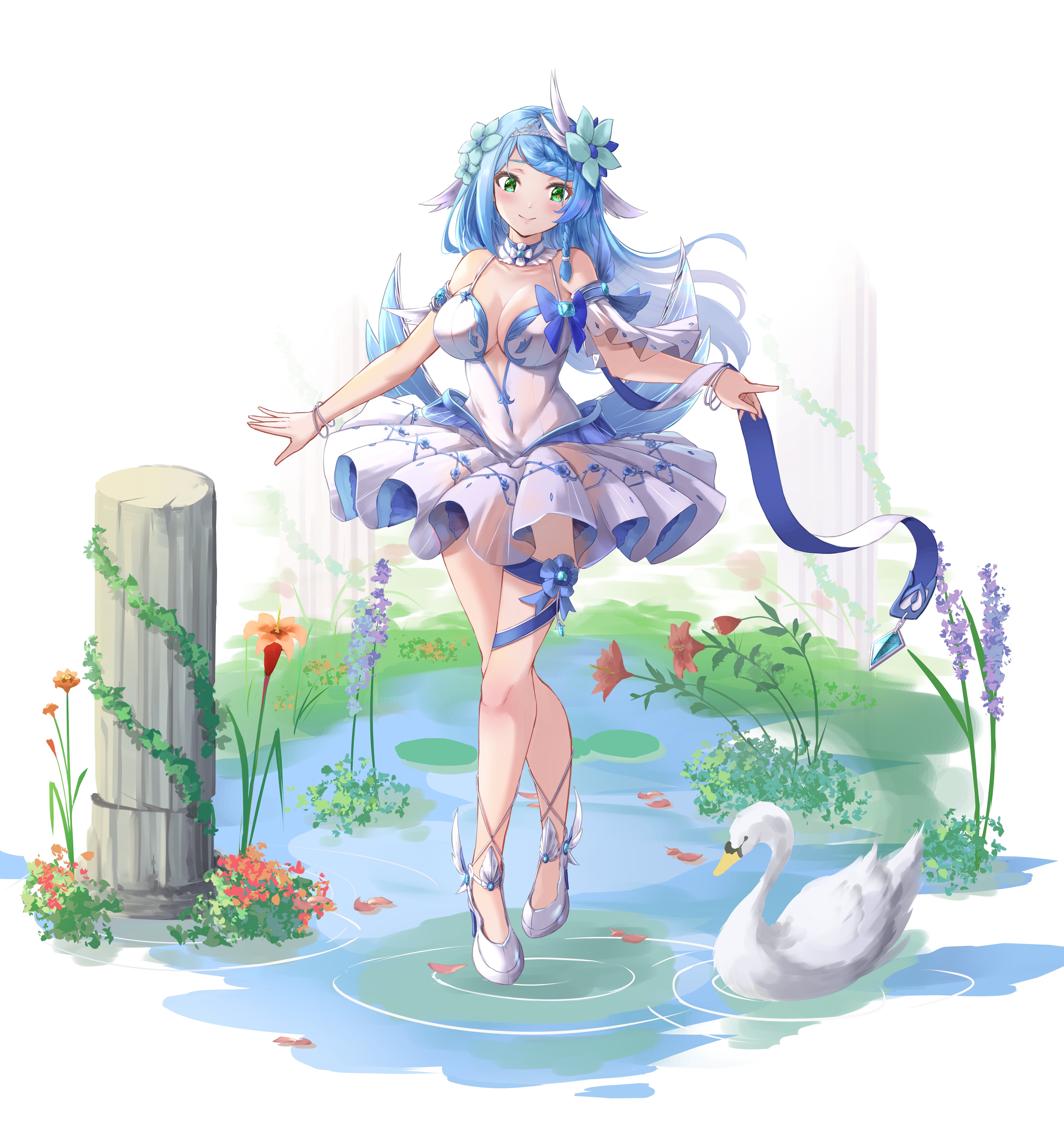 h yoruneko, original, absurdres, highres, 1girl, ballerina, ballet, ballet (ensemble stars!), ballet dress, bird, blue hair, green eyes, leotard, long hair, swan, tutu, water