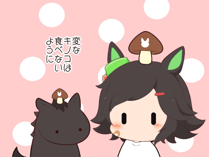 gomashio (goma feet), winning ticket (umamusume), umamusume, commentary, translation request, 1girl, animal ears, bandaid, bandaid on cheek, bandaid on face, black hair, blush, bow, chibi, chibi only, ear ribbon, green ribbon, hair ornament, hairclip, horse, horse ears, horse girl, no mouth, pink background, ribbon, shirt, short hair, solo, white shirt, | |