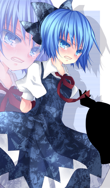 mikazuki sara, cirno, embodiment of scarlet devil, touhou, 1girl, blue eyes, blue hair, bow, dress, female focus, matching hair/eyes, short hair, solo, tears