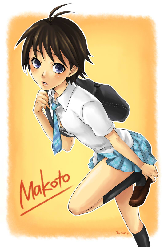 yuzuru (rapid), yuzuru (smile), kikuchi makoto, idolmaster, idolmaster (classic), bad id, bad pixiv id, 00s, 1girl, antenna hair, bag, blue eyes, brown hair, female focus, gradient background, necktie, plaid clothes, plaid skirt, rough time school, school uniform, short hair, skirt, socks, solo