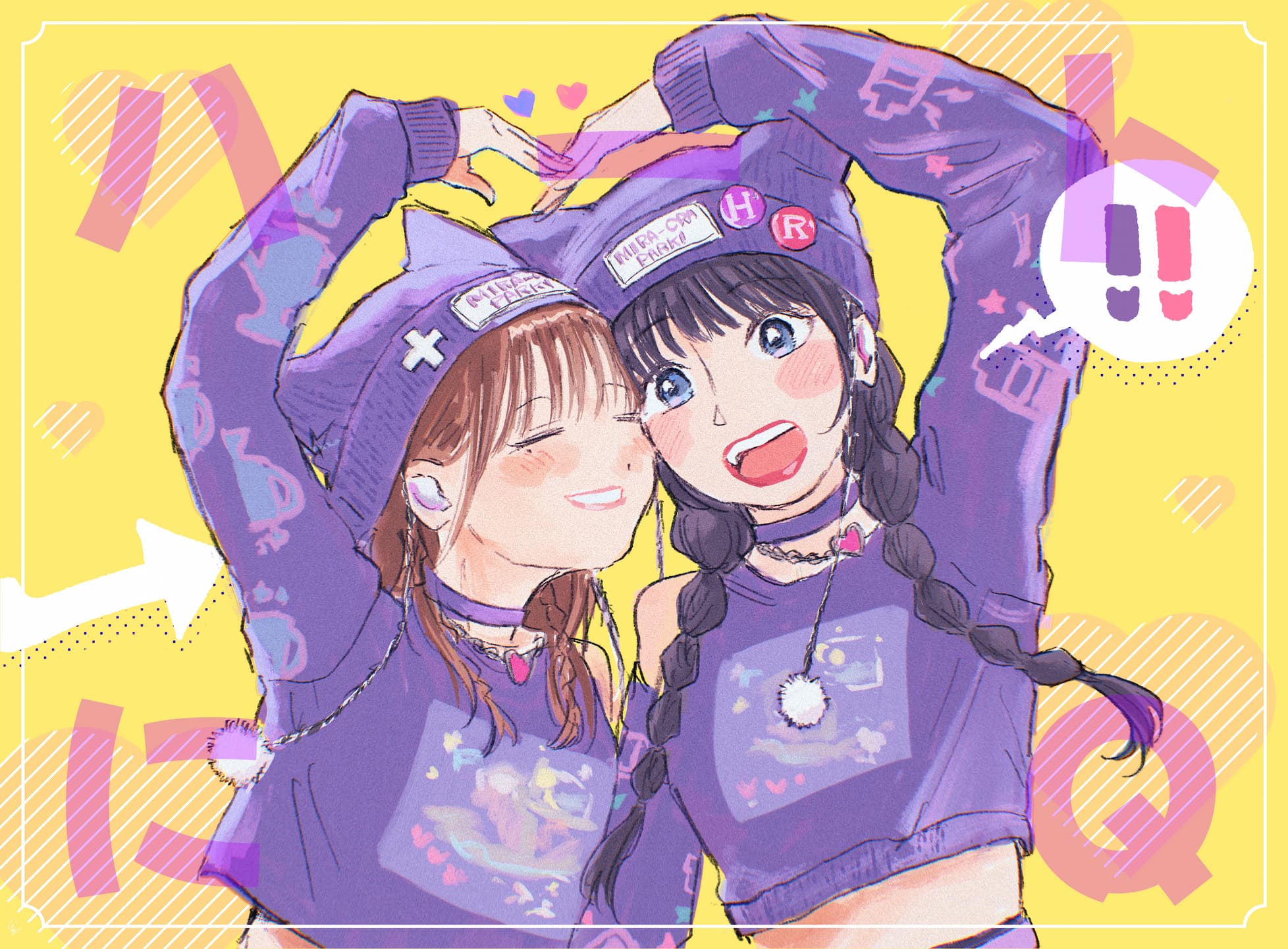 white (waterwhite), kan kanna, link! like! love live!, love live!, real life, commentary request, highres, revision, !, !!, 2girls, 5th live tour ~4pair power spread!!!!~, animification, arm up, bare shoulders, beanie, black hair, blue eyes, blush, braid, brown hair, cheek-to-cheek, choker, clothing cutout, hat, heads together, heart arms, heart arms duo, heart ni q (love live!), in-ear earphones, kurusu rin, long sleeves, low twin braids, mira-cra park!, multiple girls, nyao signyal, official alternate costume, open mouth, purple choker, purple hat, purple shirt, shirt, shoulder cutout, sleeves past wrists, spoken exclamation mark, teeth, twin braids, upper teeth only, voice actor, yellow background