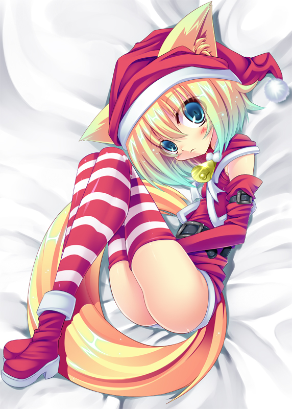 ichijou hitoshi, original, 1girl, animal ears, aqua hair, bell, blonde hair, blue eyes, christmas, collar, elbow gloves, female focus, fox ears, gloves, gradient hair, hat, jingle bell, lying, multicolored hair, neck bell, red gloves, santa costume, santa hat, short hair, solo, striped clothes, striped thighhighs, tail, thighhighs