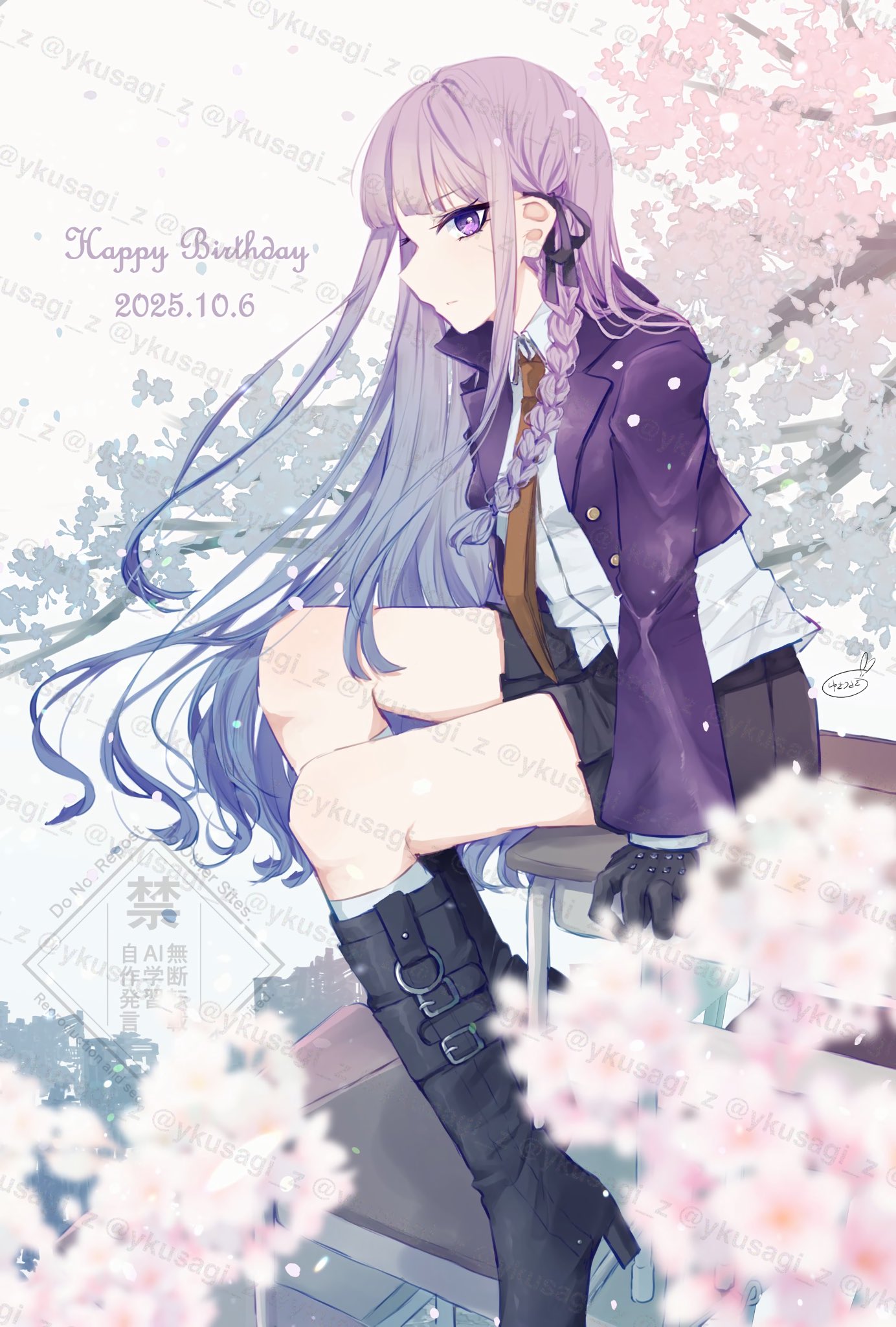 yukiusagi (yukiusa), kirigiri kyoko, danganronpa: trigger happy havoc, danganronpa (series), highres, 1girl, black boots, black gloves, black ribbon, black skirt, boots, braid, brown necktie, dated, from side, gloves, grey hair, hair ribbon, happy birthday, high heel boots, high heels, jacket, long hair, miniskirt, necktie, open clothes, open jacket, pink eyes, pleated skirt, purple jacket, ribbon, shirt, skirt, tree, white background, white shirt