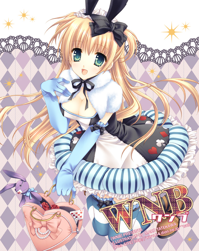 tatekawa mako, wnb mark, original, 1girl, animal ears, argyle background, argyle clothes, bag, blonde hair, blue gloves, bow legwear, breasts, card, card in bag, cleavage, elbow gloves, female focus, flower, frilled gloves, frilled thighhighs, frills, gem, gloves, green eyes, handbag, kneeling, long hair, mask, mouth mask, pearl (gemstone), rabbit ears, rose, solo, striped clothes, striped thighhighs, stuffed animal, stuffed rabbit, stuffed toy, surgical mask, thighhighs, vertical stripes