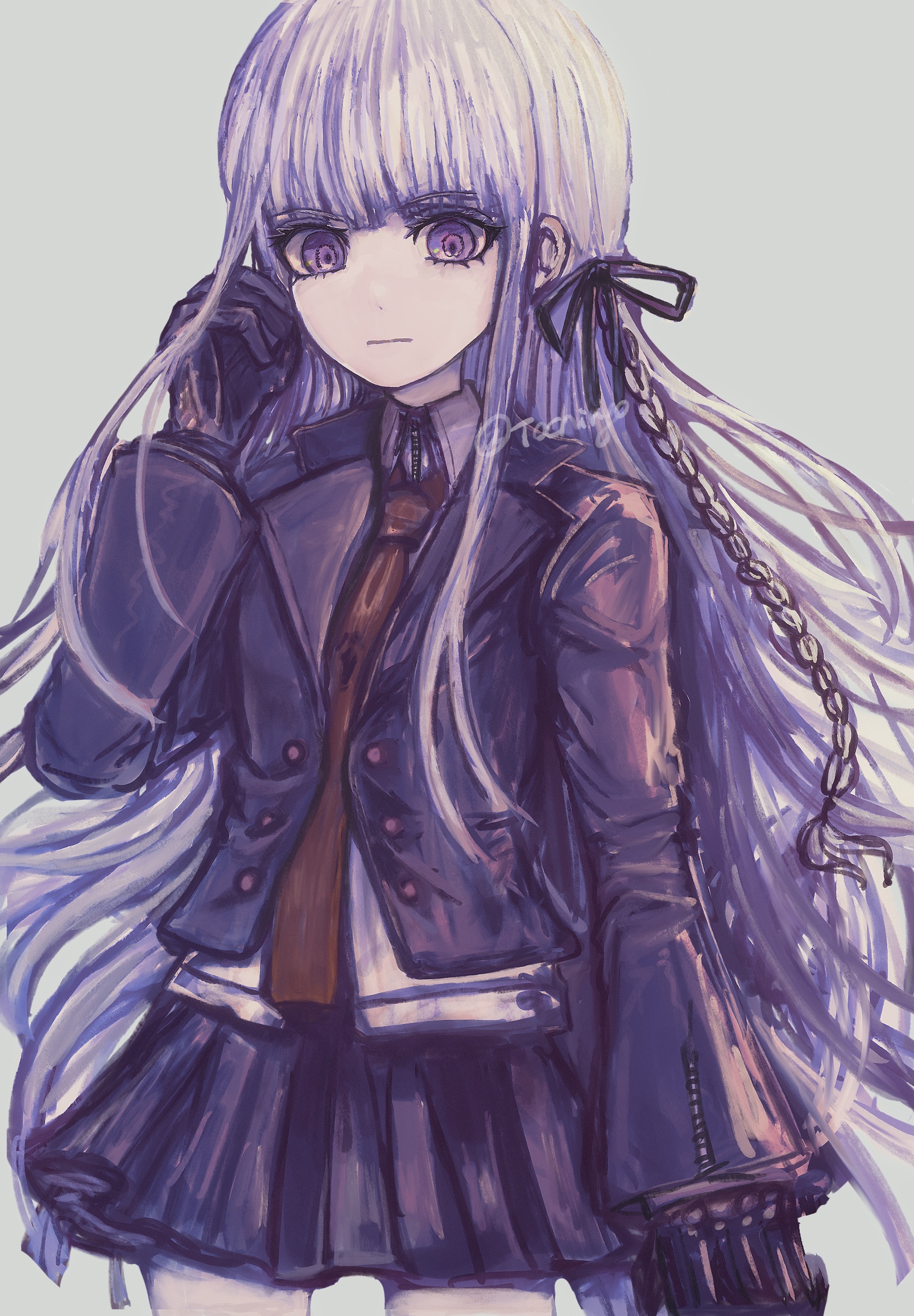 tochiryo, kirigiri kyoko, danganronpa: trigger happy havoc, danganronpa (series), highres, 1girl, black gloves, black ribbon, braid, collared shirt, gloves, grey hair, hair ribbon, hand up, jacket, long hair, long sleeves, looking at viewer, necktie, open clothes, open jacket, pink eyes, purple jacket, ribbon, shirt, side braid, skirt, solo