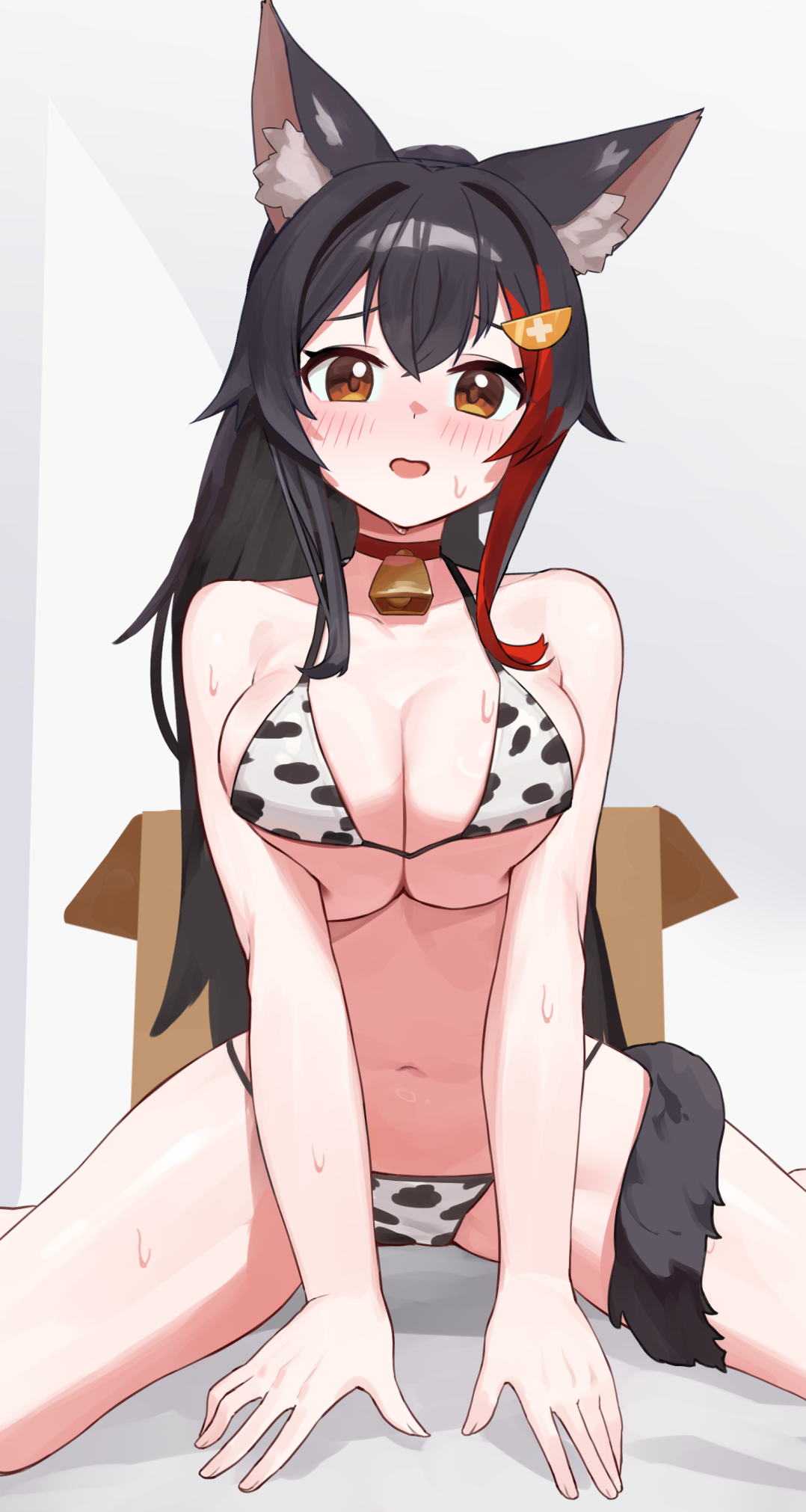 woogi (duguddnr), ookami mio, hololive, highres, 1girl, animal ear fluff, animal ears, animal print, armpit crease, bell, bikini, black hair, breasts, choker, cleavage, cow print, cow print bikini, cowbell, high ponytail, large breasts, long hair, looking at viewer, multicolored hair, navel, neck bell, orange eyes, ponytail, print bikini, red choker, red hair, stomach, sweat, swimsuit, tail, two-tone hair, very long hair, virtual youtuber, wolf ears, wolf girl, wolf tail