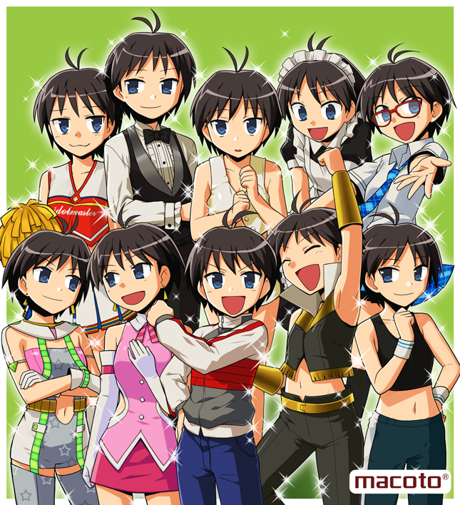 heebee, kikuchi makoto, idolmaster, idolmaster (classic), idolmaster 1, 00s, antenna hair, bare shoulders, black hair, blue eyes, cheerleader, cool & sexy (idolmaster), cosmic & funny (idolmaster), cute & girly (idolmaster), dual persona, glasses, jacket, maid, midriff, necktie, plaid clothes, plaid skirt, pom pom (cheerleading), raglan sleeves, rough time school, short hair, skirt, smile