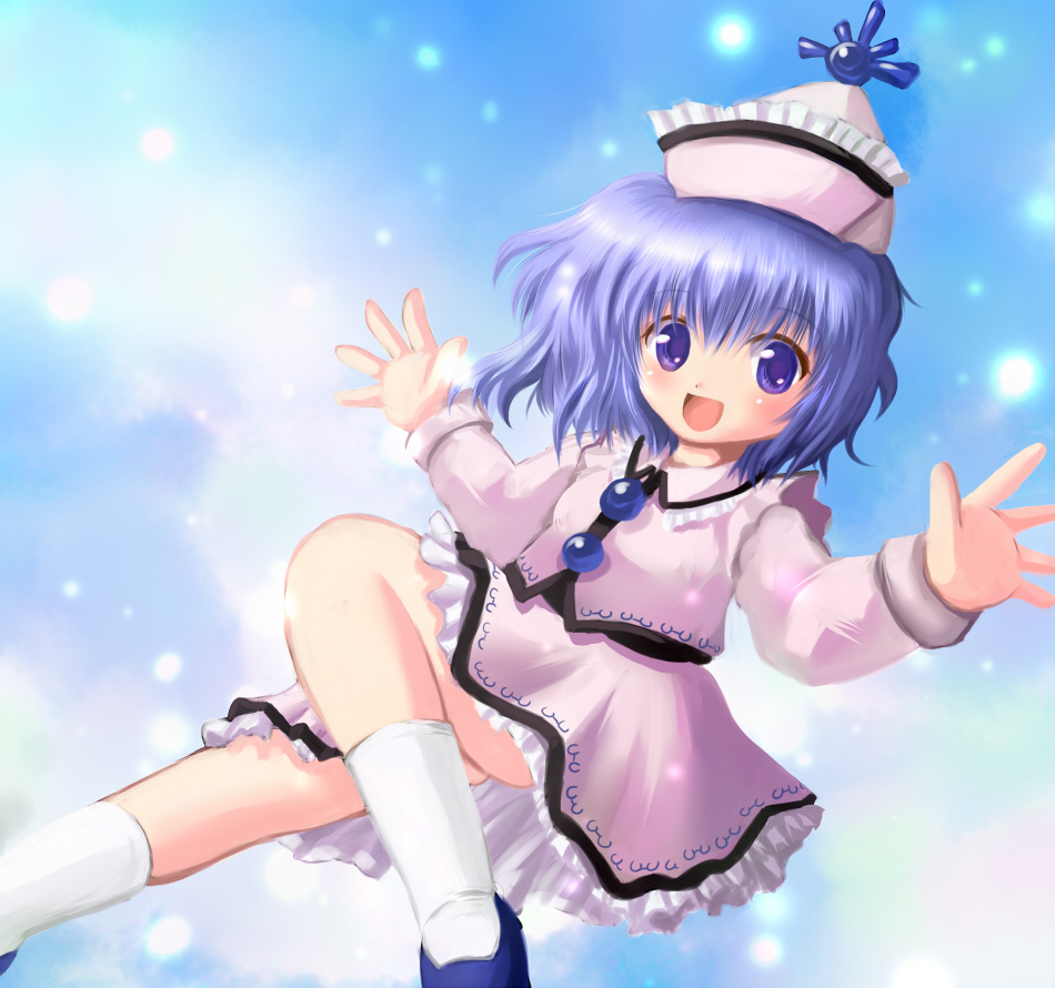 nibii (panda), merlin prismriver, touhou, 1girl, ass, blue hair, cloud, female focus, gradient background, hat, outdoors, short hair, sky, solo