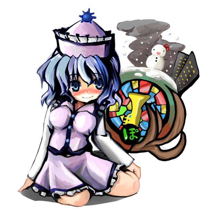 kotojima motoki, kotoshima, merlin prismriver, touhou, bad id, bad pixiv id, 1girl, blue eyes, blue hair, blush, building, female focus, hat, matching hair/eyes, sitting, snow, snowman, solo