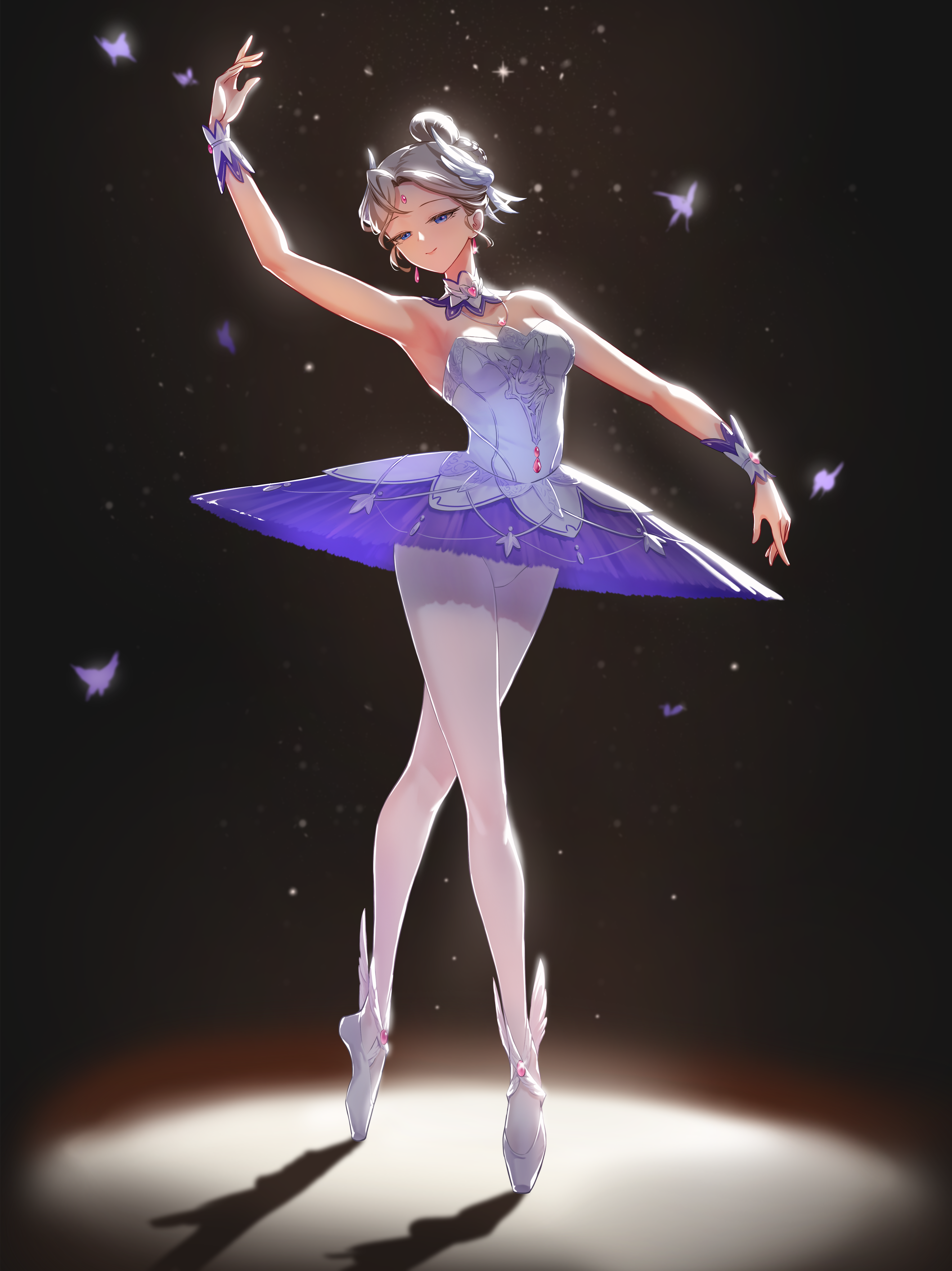 jie tou deng shan ke, original, absurdres, highres, armpits, ballet, ballet (ensemble stars!), ballet dress, pantyhose, presenting armpit, purple skirt, short hair, skirt, thigh focus, tutu, white pantyhose