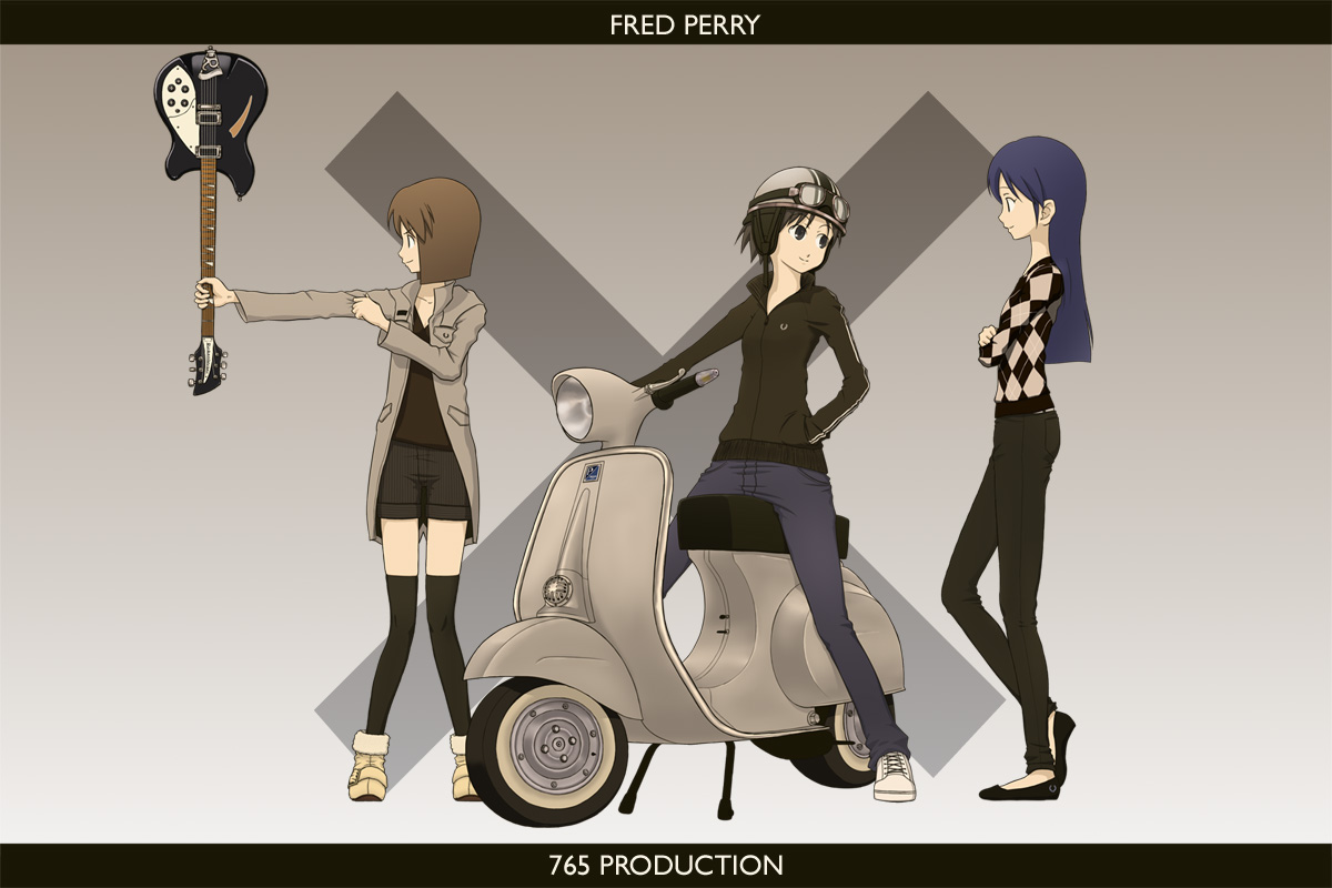 puton, hagiwara yukiho, kikuchi makoto, kisaragi chihaya, idolmaster, idolmaster (classic), idolmaster 1, vespa, vehicle, 00s, argyle clothes, argyle sweater, black hair, blue hair, brown hair, coat, denim, eye contact, goggles, guitar, helmet, instrument, jacket, jeans, long hair, looking at another, motor vehicle, pants, rickenbacker, scooter, short hair, shorts, sweater, thighhighs