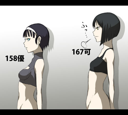 zou azarashi, original, lowres, translated, 2girls, bare shoulders, black hair, blue eyes, bottomless, breath, hairband, letterboxed, multiple girls, short hair, sleeveless, sleeveless turtleneck, turtleneck, yellow eyes