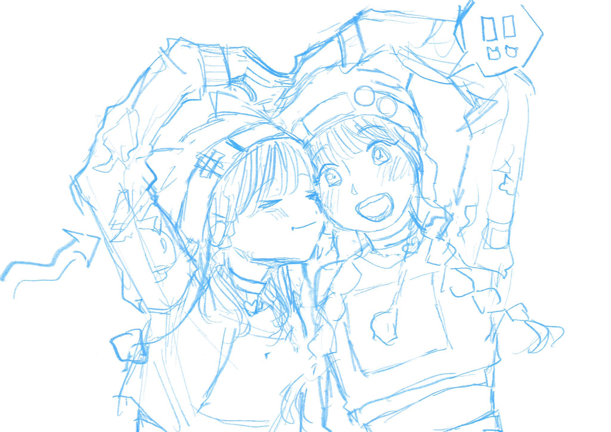 white (waterwhite), kan kanna, link! like! love live!, love live!, real life, commentary request, highres, revision, unfinished, !, !!, 2girls, 5th live tour ~4pair power spread!!!!~, animification, arm up, bare shoulders, beanie, blue theme, blush, braid, cheek-to-cheek, choker, clothing cutout, hat, heads together, heart arms, heart arms duo, heart ni q (love live!), in-ear earphones, kurusu rin, long sleeves, low twin braids, mira-cra park!, monochrome, multiple girls, nyao signyal, official alternate costume, open mouth, shirt, shoulder cutout, sleeves past wrists, spoken exclamation mark, teeth, twin braids, upper teeth only, voice actor, yellow background