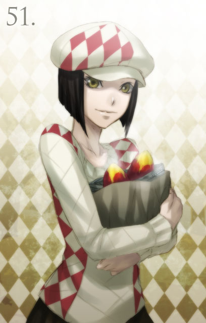 zou azarashi, original, 1girl, argyle background, argyle clothes, argyle sweater, bag, black hair, carrying, female focus, food, hat, looking at viewer, newsboy cap, short hair, solo, sweater, sweet potato, yellow eyes
