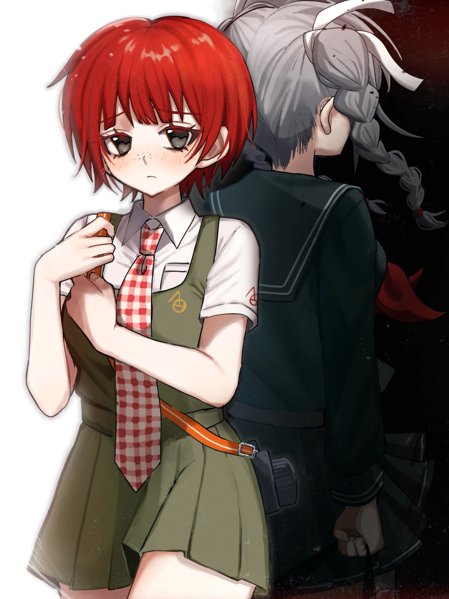 kun (oxx kn xxo), koizumi mahiru, pekoyama peko, danganronpa (series), danganronpa 2: goodbye despair, highres, 2girls, back-to-back, black sailor collar, black shirt, blush, braid, breasts, checkered necktie, collared shirt, cowboy shot, dress, freckles, frown, green dress, hair ribbon, hands up, long sleeves, medium breasts, miniskirt, multiple girls, neckerchief, necktie, pleated skirt, red hair, red neckerchief, ribbon, sailor collar, shirt, short hair, short sleeves, skirt, twin braids, twintails, white ribbon, white shirt