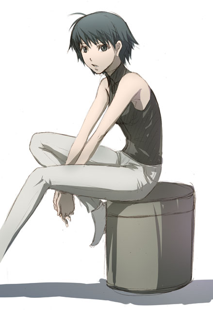 zou azarashi, kikuchi makoto, idolmaster, idolmaster (classic), idolmaster 1, gender request, 00s, 1girl, androgynous, antenna hair, bare shoulders, black eyes, black hair, black shirt, blouse, female focus, shirt, short hair, sitting, sleeveless, sleeveless shirt, sleeveless turtleneck, solo, turtleneck