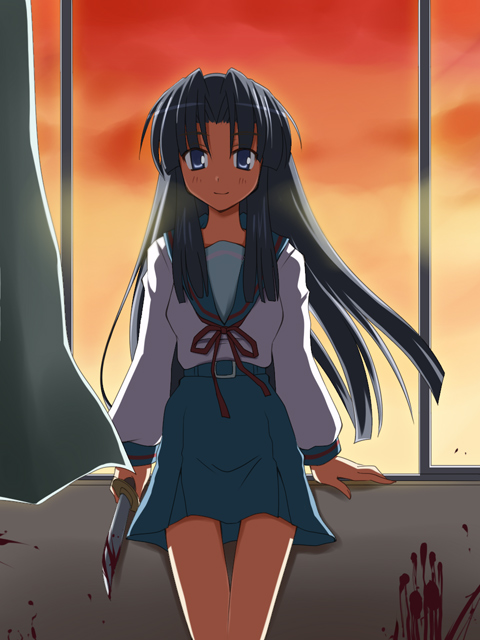 creaholic, toshihiro, asakura ryoko, suzumiya haruhi no yuuutsu, 00s, 1girl, blood, blue eyes, blue hair, classroom, female focus, indoors, knife, long hair, matching hair/eyes, school, school uniform, serafuku, solo, sunset, yandere