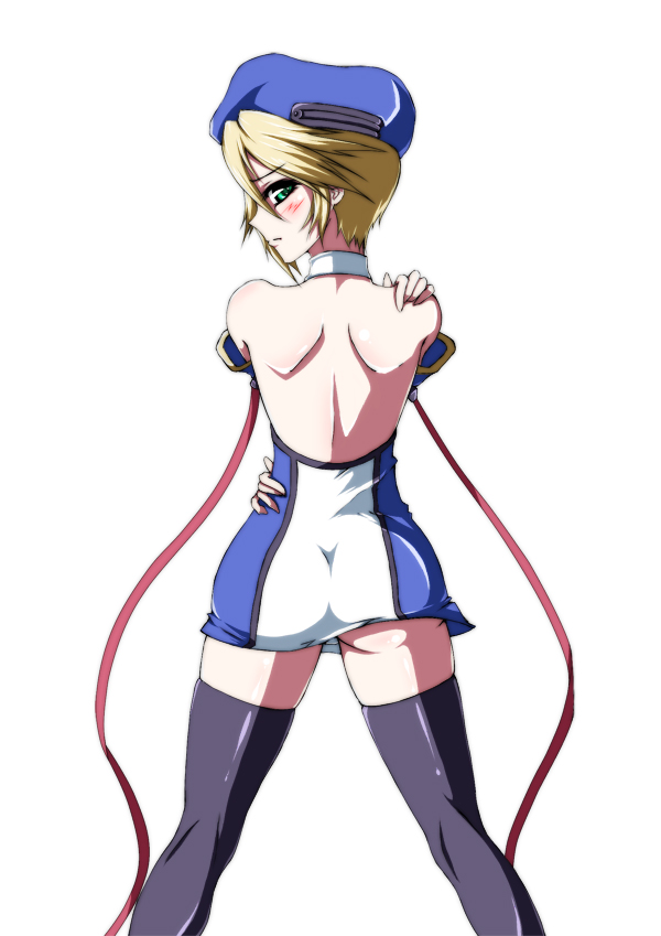 iwamoto eiri, noel vermillion, arc system works, blazblue, bad id, bad pixiv id, ass, back, beret, blonde hair, blush, green eyes, hat, solo, thighhighs, zettai ryouiki