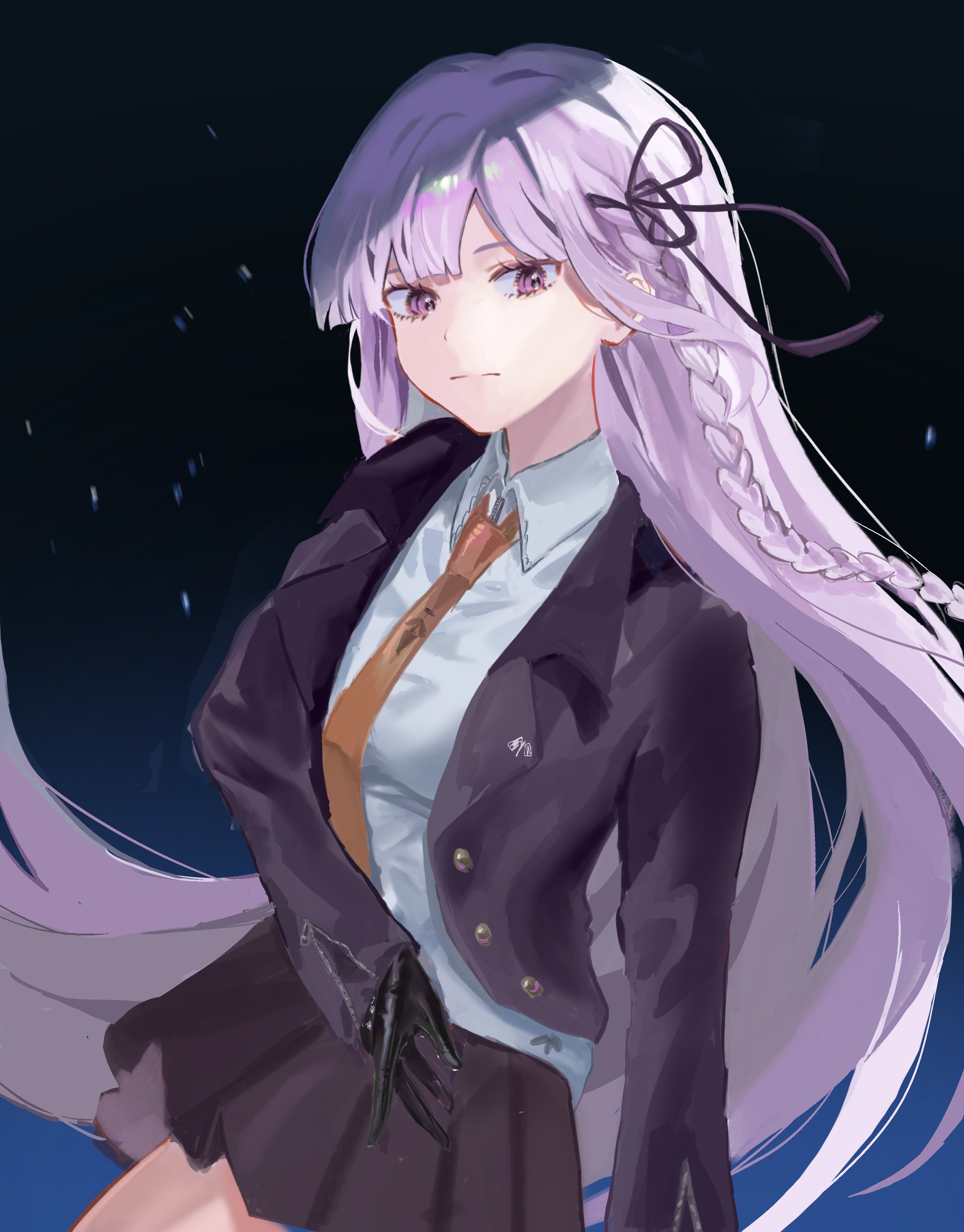 quu (qu u94), kirigiri kyoko, danganronpa: trigger happy havoc, danganronpa (series), absurdres, highres, 1girl, black gloves, black ribbon, braid, collared shirt, cowboy shot, gloves, hair ribbon, jacket, long hair, long sleeves, looking at viewer, necktie, open clothes, open jacket, purple eyes, ribbon, shirt, side braid, skirt, solo, white shirt