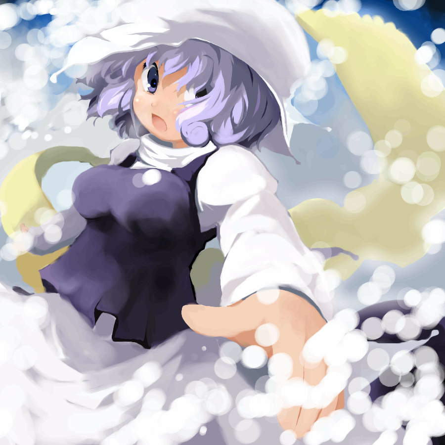 midori ya, ozaki, letty whiterock, touhou, silver hair, 1girl, apron, blush, cowboy shot, female focus, long sleeves, looking at viewer, purple eyes, short hair, snow, solo, waist apron