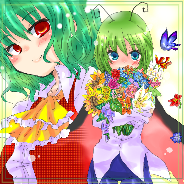 kazami yuuka, wriggle nightbug, touhou, 2girls, antennae, ascot, blue eyes, blush, bouquet, bug, butterfly, cape, collarbone, female focus, flower, green hair, insect, multiple girls, plaid clothes, plaid vest, red eyes, short hair, smile, unmoving pattern, vest