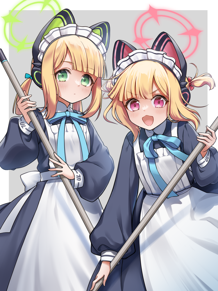midori (blue archive), midori (maid) (blue archive), momoi (blue archive), momoi (maid) (blue archive), blue archive, commentary request, partial commentary, 2girls, animal ear headphones, animal ears, apron, back bow, black dress, blonde hair, blue ribbon, blunt bangs, blush, border, bow, cat ear headphones, cat ears, closed mouth, collared dress, contrast collar, dress, fake animal ears, frilled apron, frills, green bow, green eyes, green halo, grey background, hair bow, halo, headphones, holding, holding mop, long sleeves, looking at viewer, maid, maid apron, maid headdress, mop, multiple girls, neck ribbon, official alternate costume, official alternate hairstyle, open mouth, outside border, parted bangs, pink eyes, pink halo, puffy long sleeves, puffy sleeves, red bow, ribbon, short hair, short twintails, siblings, sidelocks, simple background, sisters, smile, suzumori shuka, twins, twintails, v-shaped eyebrows, white apron, white border, white bow, white headdress