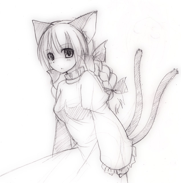 seo tatsuya, kaenbyou rin, touhou, traditional media, 1girl, braid, female focus, monochrome, purple theme, sketch, solo, twin braids