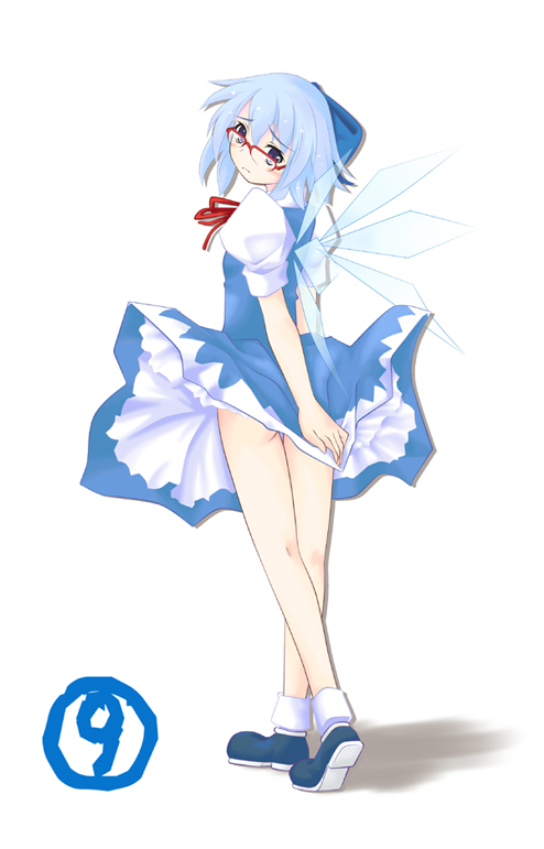 ogami kazuki, cirno, phantasmagoria of flower view, touhou, 1girl, bespectacled, blue hair, circled 9, covering ass, covering privates, dress, embarrassed, female focus, glasses, hair ribbon, red-framed eyewear, ribbon, short hair, skirt, skirt tug, solo, wind, wind lift, wings