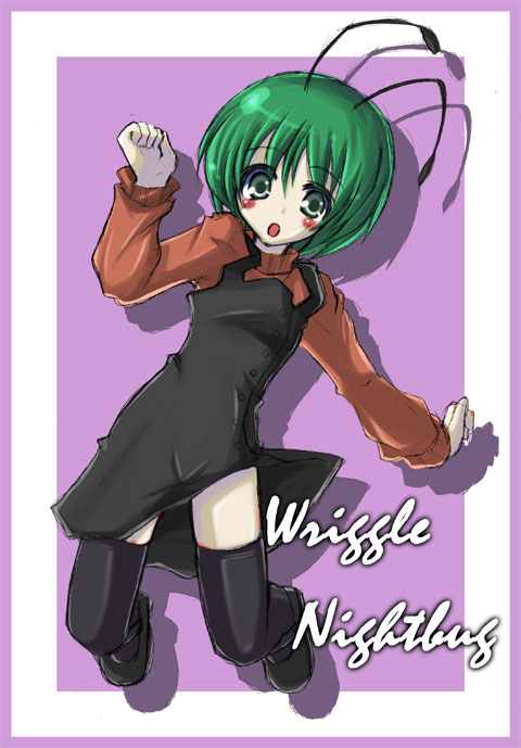 miwa maku, wriggle nightbug, touhou, 1girl, alternate costume, antennae, blush, blush stickers, casual, character name, english text, female focus, green eyes, green hair, matching hair/eyes, open mouth, shoes, solo, thighhighs