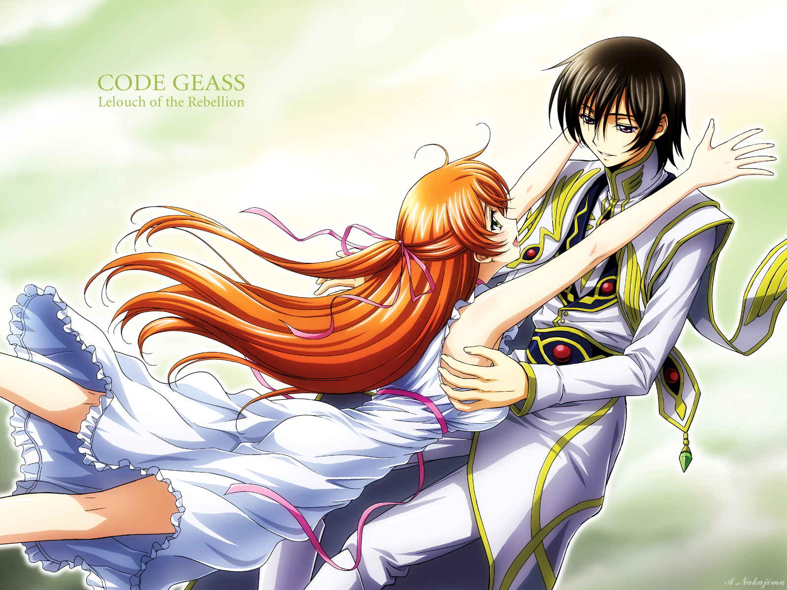 nakajima akihiko, lelouch vi britannia, shirley fenette, code geass, highres, 00s, black hair, glomp, hug, long hair, orange hair, purple eyes, yellow eyes