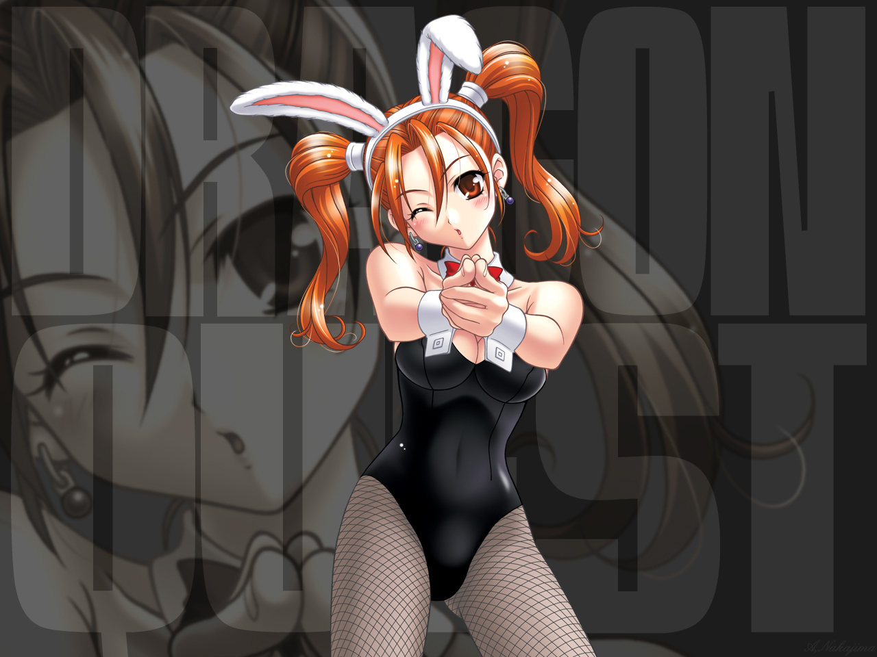 nakajima akihiko, jessica albert, dragon quest, dragon quest viii, square enix, 1girl, alternate costume, animal ears, copyright name, earrings, fake animal ears, female focus, finger gun, fishnet pantyhose, fishnets, jewelry, one eye closed, orange hair, pantyhose, playboy bunny, pointing, rabbit ears, solo, twintails, wink, wrist cuffs, zoom layer