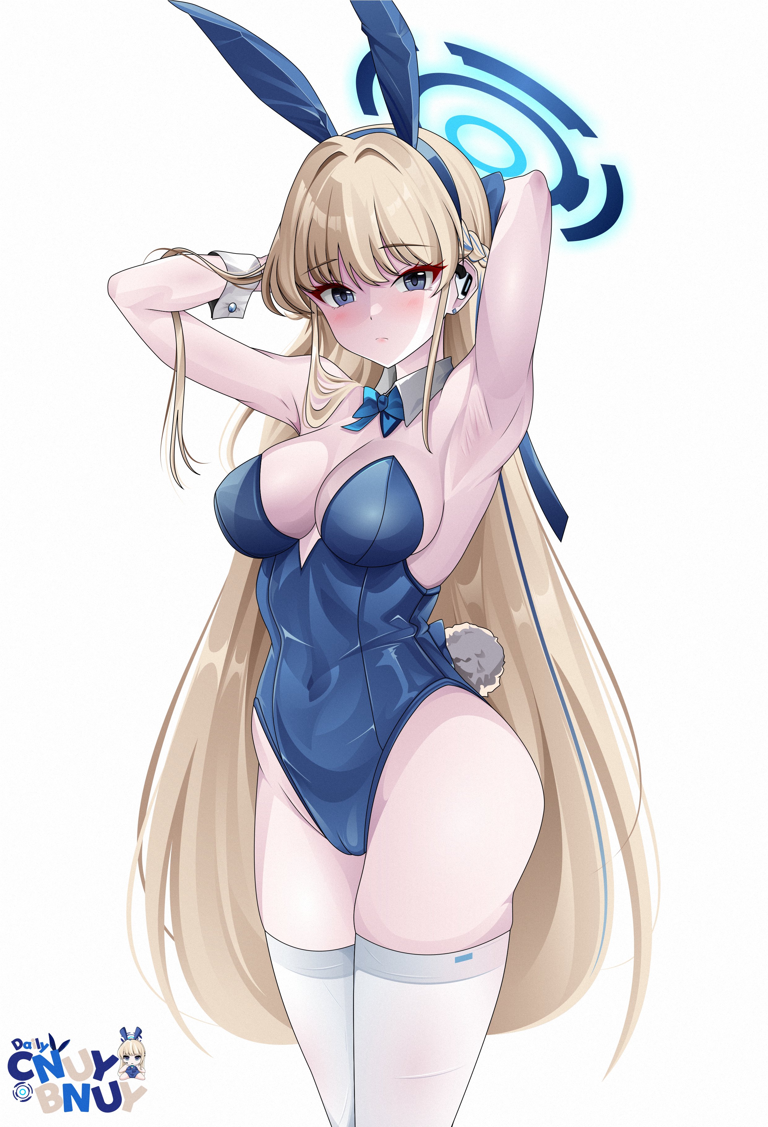 rlayuta, toki (blue archive), toki (bunny) (blue archive), blue archive, absurdres, commentary, highres, 1girl, animal ears, arm behind head, armpits, blonde hair, blue eyes, blue hair, blue leotard, blush, breasts, cleavage, closed mouth, covered navel, detached collar, earpiece, fake animal ears, fake tail, groin, halo, large breasts, leotard, long hair, looking at viewer, multicolored hair, rabbit ears, simple background, solo, standing, streaked hair, tail, thighhighs, very long hair, white background, white thighhighs, wrist cuffs
