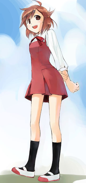 ikeda jun (mizutamari), aoba tsugumi, kannagi, 00s, 1girl, :d, ahoge, arms behind back, black socks, blurry, blurry background, blush, bow, bowtie, brown eyes, brown hair, collared shirt, dress, female focus, full body, hand on own arm, kneehighs, looking at viewer, open mouth, outdoors, red bow, red bowtie, red dress, school uniform, shirt, shoes, short hair, sky, sleeveless, sleeveless dress, smile, socks, solo, standing, tareme, uwabaki, wing collar