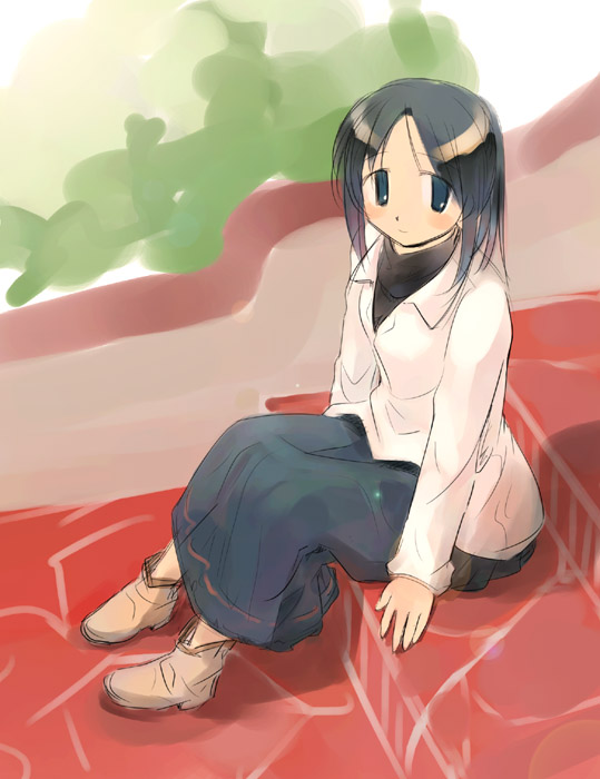 ikeda jun (mizutamari), original, 1girl, black hair, boots, dress, female focus, sitting, sitting on stairs, solo, stairs