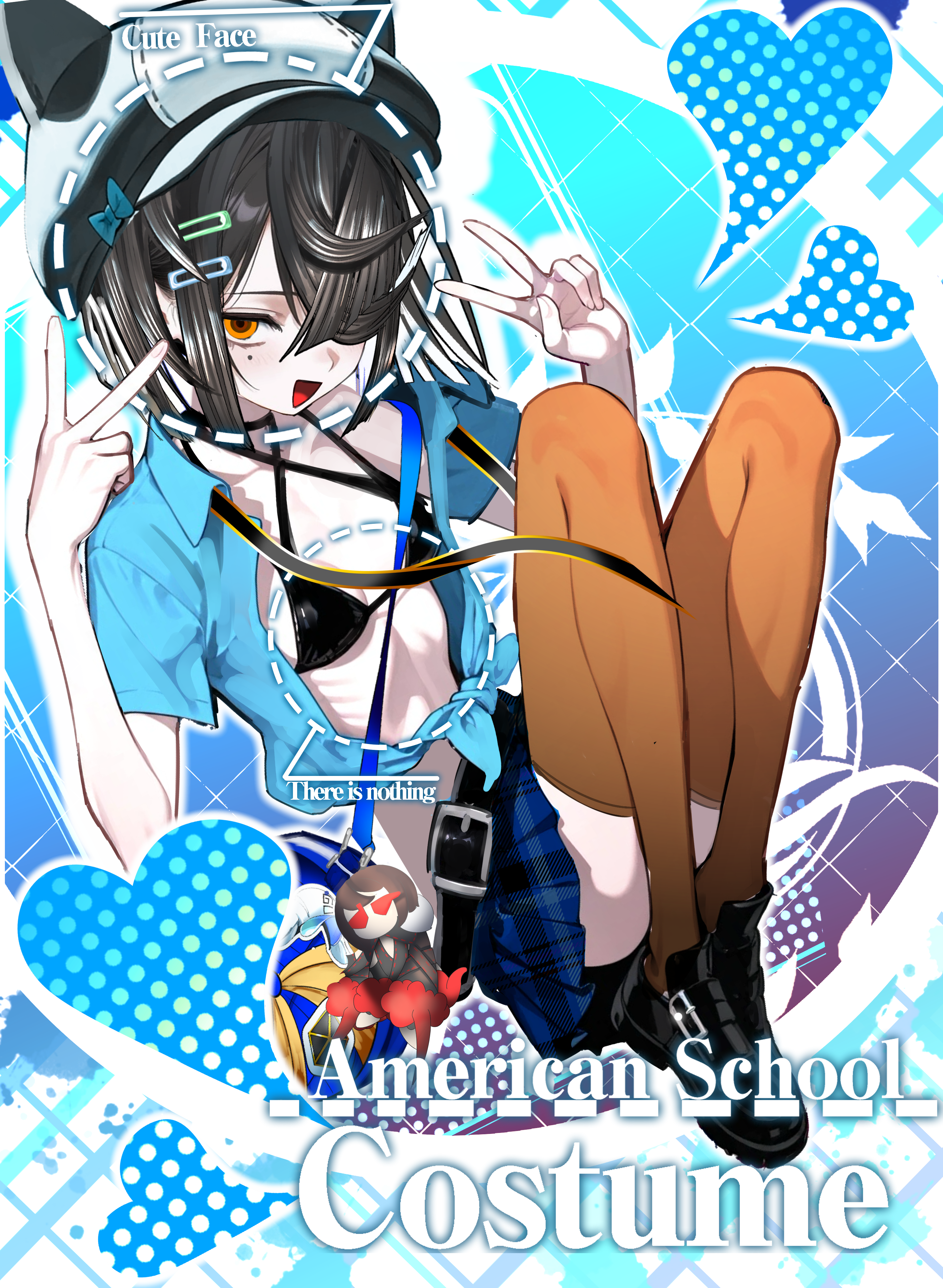 kitsunebi44410, xu fu (fate), fate/grand order, fate (series), absurdres, highres, 1girl, belt, bikini, bikini under clothes, black bikini, black hair, black hat, black shoes, blue shirt, blue skirt, blush, breasts, brown eyes, double v, hair ornament, hair over one eye, hairclip, hat, lady yu doll, loafers, looking at viewer, mole, mole under eye, open clothes, open mouth, orange thighhighs, ribs, shirt, shoes, short hair, short sleeves, skirt, small breasts, smile, solo, swimsuit, thighhighs, v, white hat