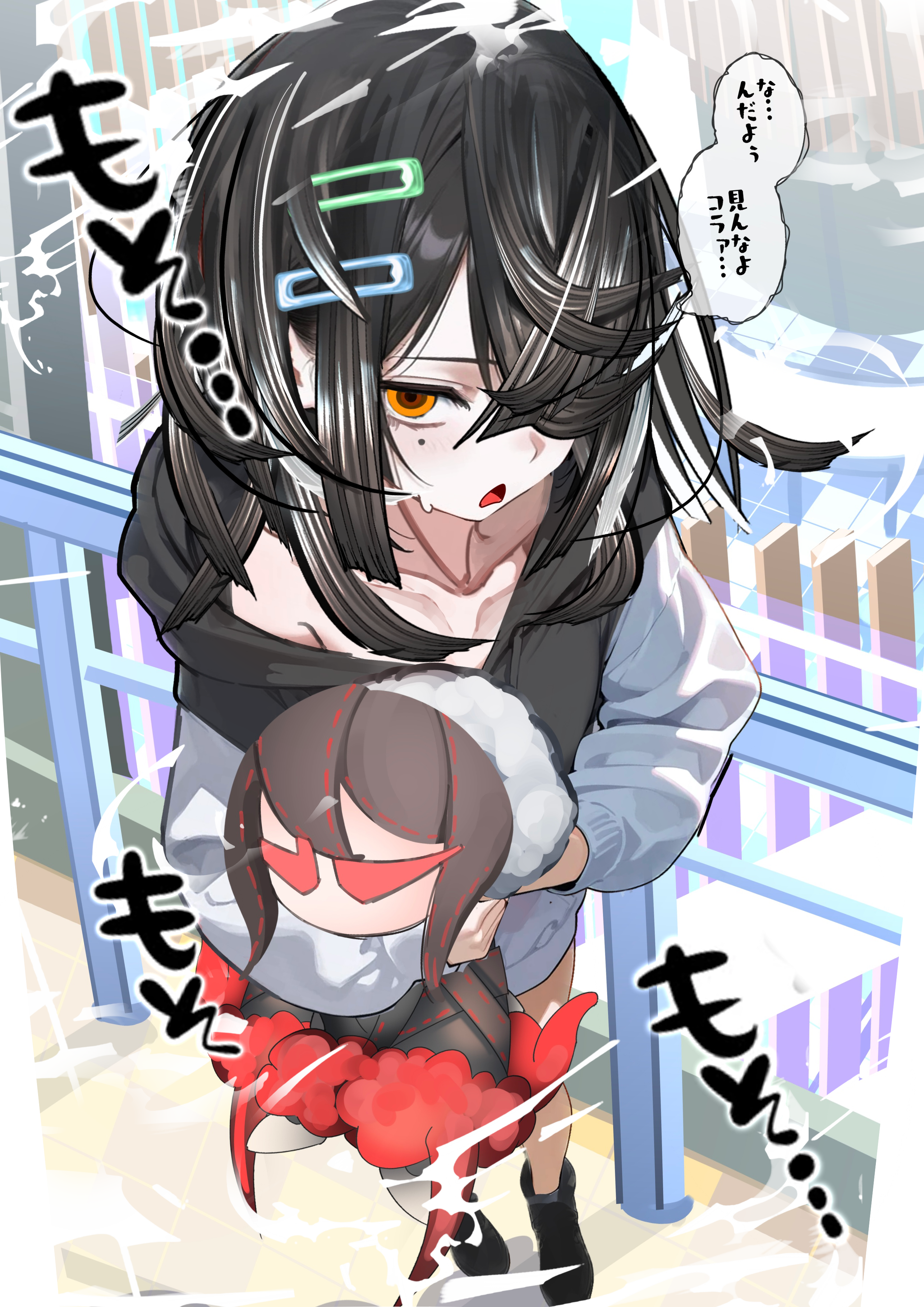 kitsunebi44410, xu fu (fate), fate/grand order, fate (series), absurdres, highres, translation request, 1girl, black hair, black jacket, black shoes, blush, breasts, brown eyes, collarbone, hair over one eye, hood, hooded jacket, jacket, lady yu doll, leaning forward, long sleeves, looking at viewer, mole, mole under eye, off shoulder, open mouth, shoes, short hair, small breasts, sneakers, solo, speech bubble, white jacket