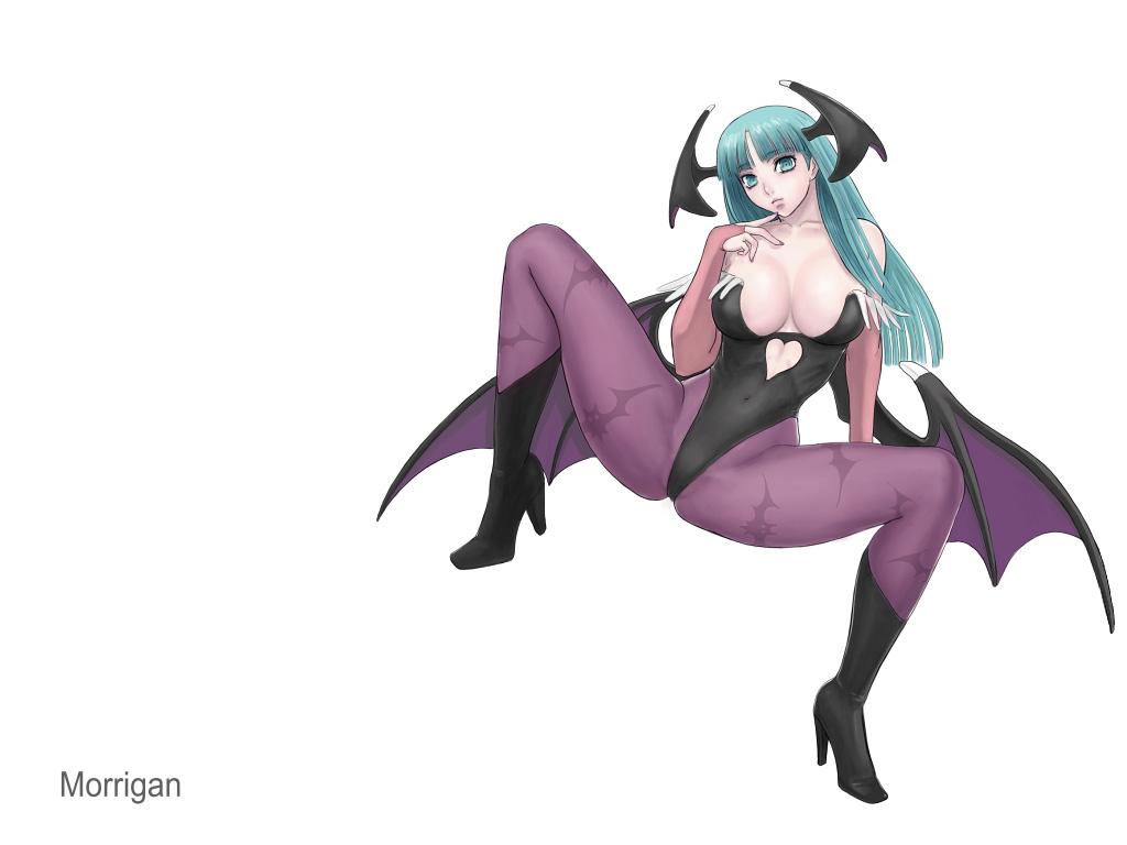ark (morita hitomi), morrigan aensland, capcom, darkstalkers, 1girl, animal print, bat print, breasts, character name, demon girl, female focus, green eyes, green hair, head wings, high heels, large breasts, long hair, matching hair/eyes, pantyhose, print pantyhose, shoes, solo, wings