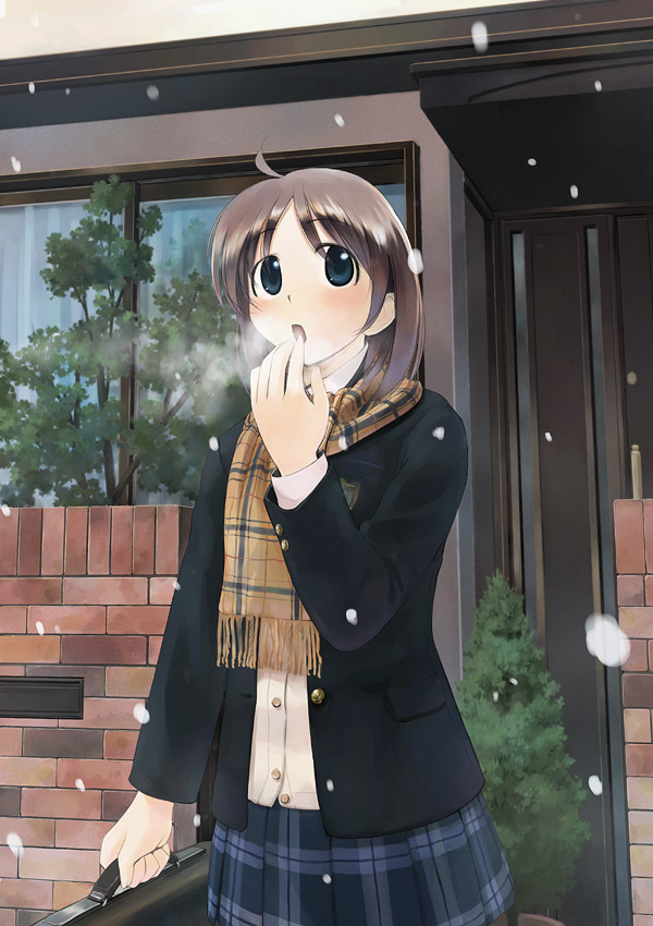 ikeda jun (mizutamari), original, 1girl, bag, blue eyes, breath, brown hair, checkered clothes, checkered skirt, female focus, house, scarf, school bag, school uniform, skirt, snow, snowing, solo, winter