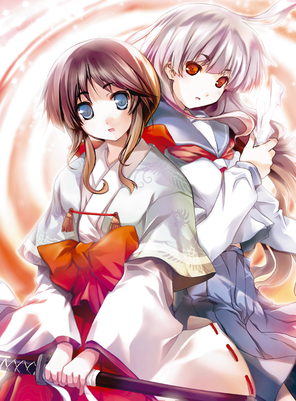 kashi, original, silver hair, 2girls, blue eyes, brown hair, hakama, hakama skirt, japanese clothes, katana, long hair, miko, multiple girls, red eyes, red hakama, school uniform, serafuku, skirt, sword, weapon