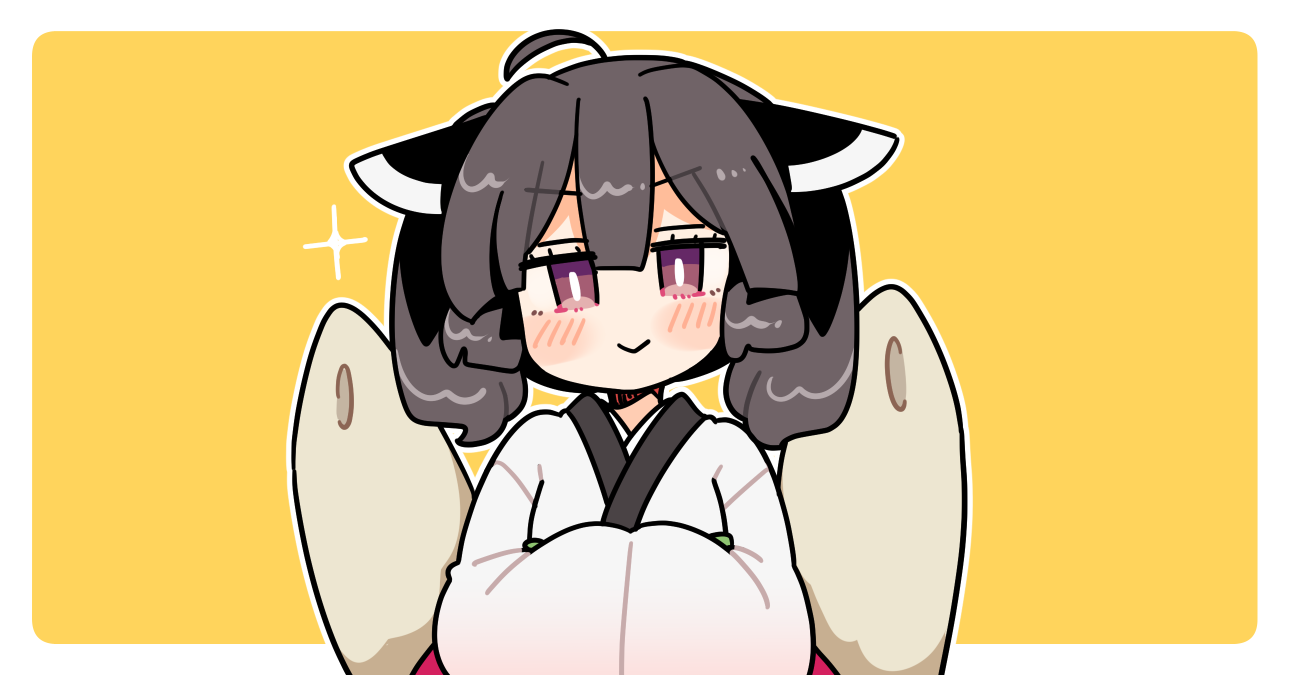 ini (inunabe00), touhoku kiritan, voiceroid, 1girl, ahoge, blush, border, bright pupils, brown hair, closed mouth, double-parted bangs, hair between eyes, hands in opposite sleeves, headgear, japanese clothes, kimono, kiritanpo (food), long sleeves, looking at viewer, medium hair, outline, outside border, purple eyes, simple background, smile, solo, sparkle, upper body, white border, white kimono, white outline, white pupils, wide sleeves, yellow background