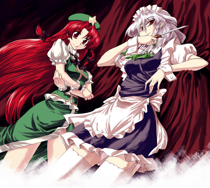 miyamoto ryuuichi, hong meiling, izayoi sakuya, embodiment of scarlet devil, touhou, silver hair, bad id, bad pixiv id, 2girls, breasts, female focus, hairband, hat, knife, long hair, maid, multiple girls, red eyes, red hair, ribbon, short hair, throwing knife, weapon