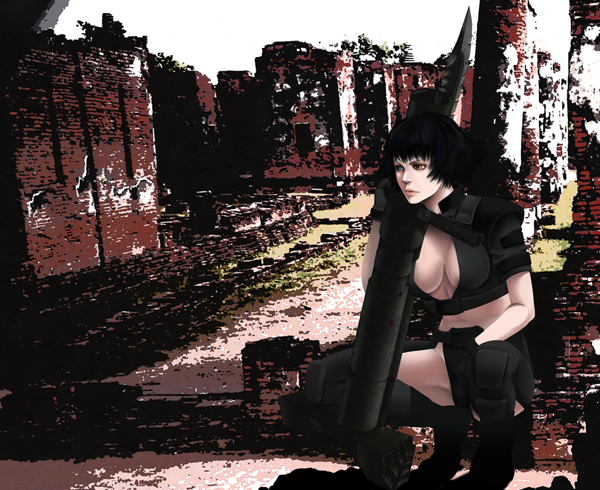 ryouko (ddism), lady (devil may cry), capcom, devil may cry (series), bad id, bad pixiv id, 00s, 1girl, black hair, breasts, female focus, gloves, gun, heterochromia, large breasts, rocket launcher, short hair, solo, weapon
