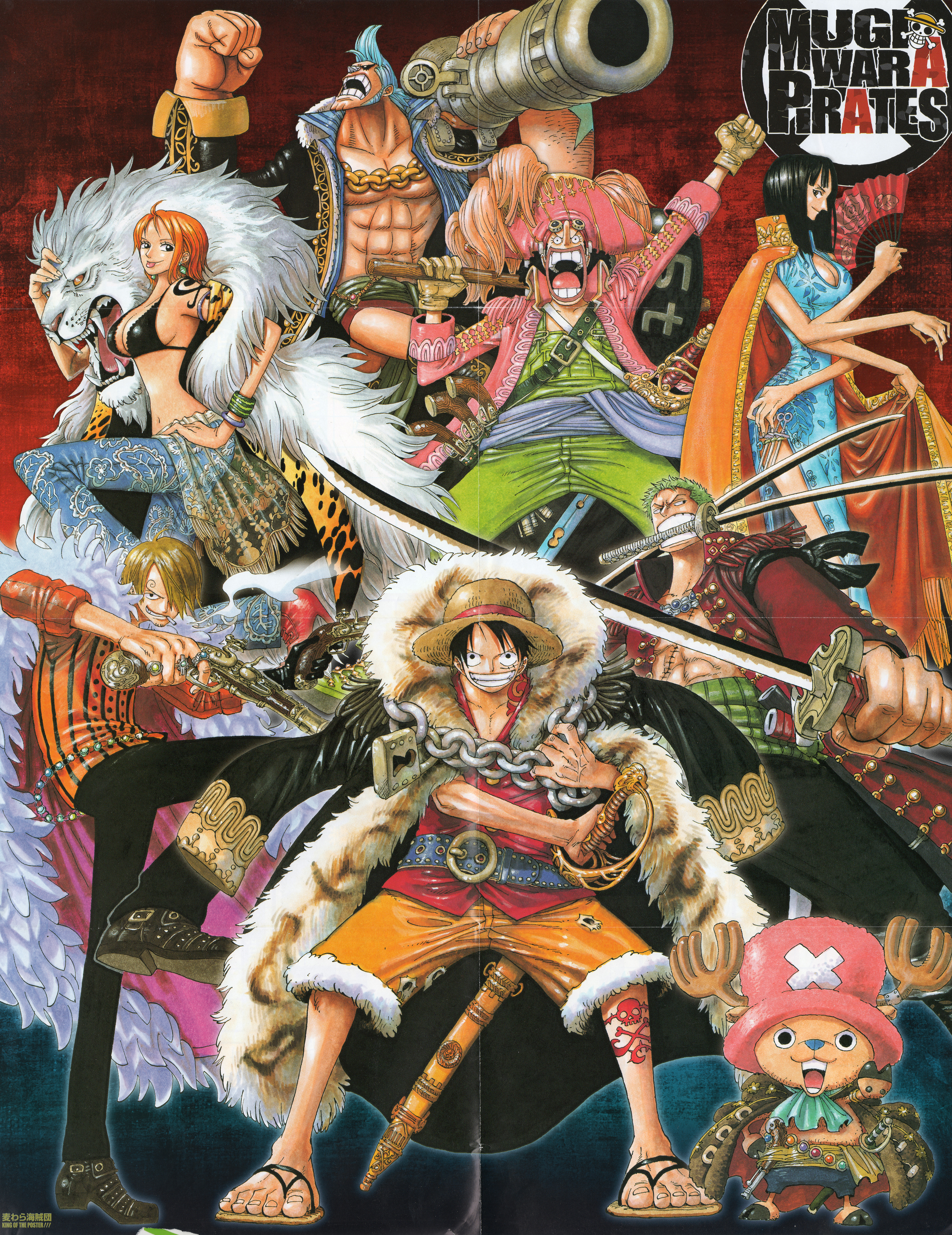 oda eiichirou, franky (one piece), monkey d. luffy, nami (one piece), nico robin, roronoa zoro, sanji (one piece), tony tony chopper, usopp, one piece, eyebrows, fur, red footwear, absurdres, highres, huge filesize, official art, 2girls, 6+boys, abs, antique firearm, antlers, armlet, bangle, belt, bikini, bikini top only, black hair, black pants, blonde hair, blue dress, blue hair, bracelet, breasts, cape, chain, chain necklace, china dress, chinese clothes, cigarette, cleavage, cleavage cutout, clothing cutout, coat, cyborg, denim, dress, dual wielding, earrings, epaulettes, everyone, extra arms, fighting stance, firearm, firelock, flintlock, fur coat, fur trim, gloves, green hair, grin, gun, hair over one eye, hammer, hana hana no mi, hand fan, hand on own hip, handgun, haramaki, hat, high heels, hip focus, holding, horns, jacket, jeans, jewelry, katana, knife, large breasts, lion, long coat, m1 bazooka, midriff, mouth hold, multiple boys, multiple girls, muscular, navel, necklace, open clothes, open jacket, open shirt, orange hair, overalls, pants, pink hat, pirate, pirate hat, pistol, reindeer, ring, rocket launcher, sandals, sash, scabbard, scar, sheath, shirt, shoes, shorts, side slit, sideboob, single glove, skull and crossbones, smile, smoking, standing, straw hat, striped clothes, striped shirt, striped vest, sunglasses, swimsuit, sword, tattoo, throwing knife, tongue, tongue out, triple wielding, vest, weapon