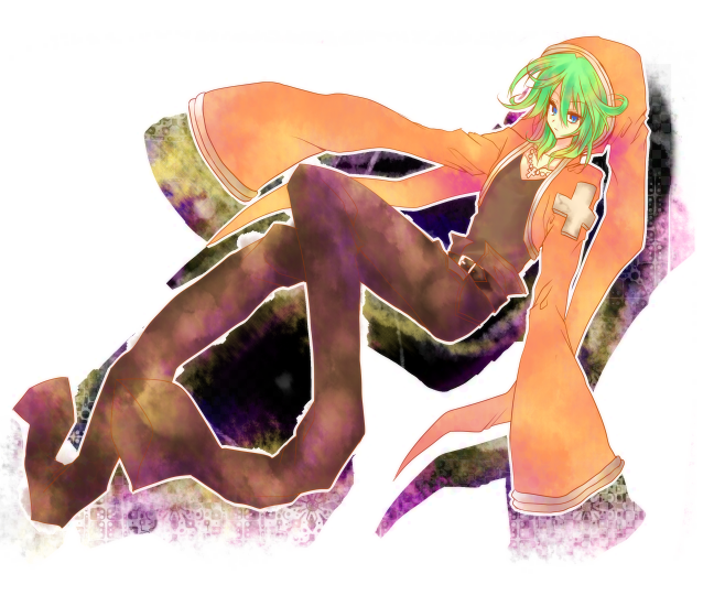 ibara riato, taijou roukun, houshin engi, bad id, bad pixiv id, 1990s (style), 1boy, cross, full body, green hair, hood, male focus, messy hair, oversized clothes, solo, white background