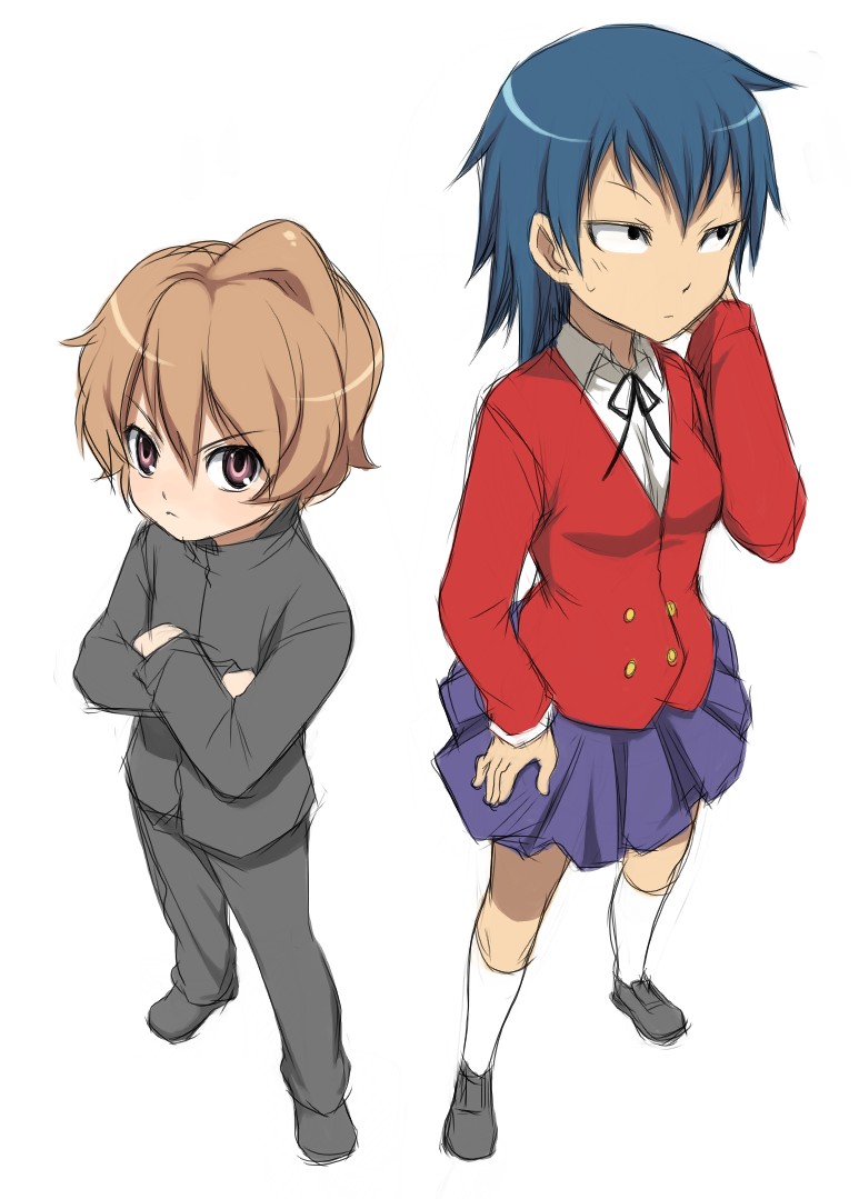 yanoodle, aisaka taiga, takasu ryuuji, toradora!, 00s, 1boy, 1girl, blue hair, brown eyes, brown hair, crossed arms, genderswap, genderswap (ftm), genderswap (mtf), hand on own hip, height difference, kneehighs, looking at viewer, school uniform, short hair, sketch, skirt, socks, sweatdrop