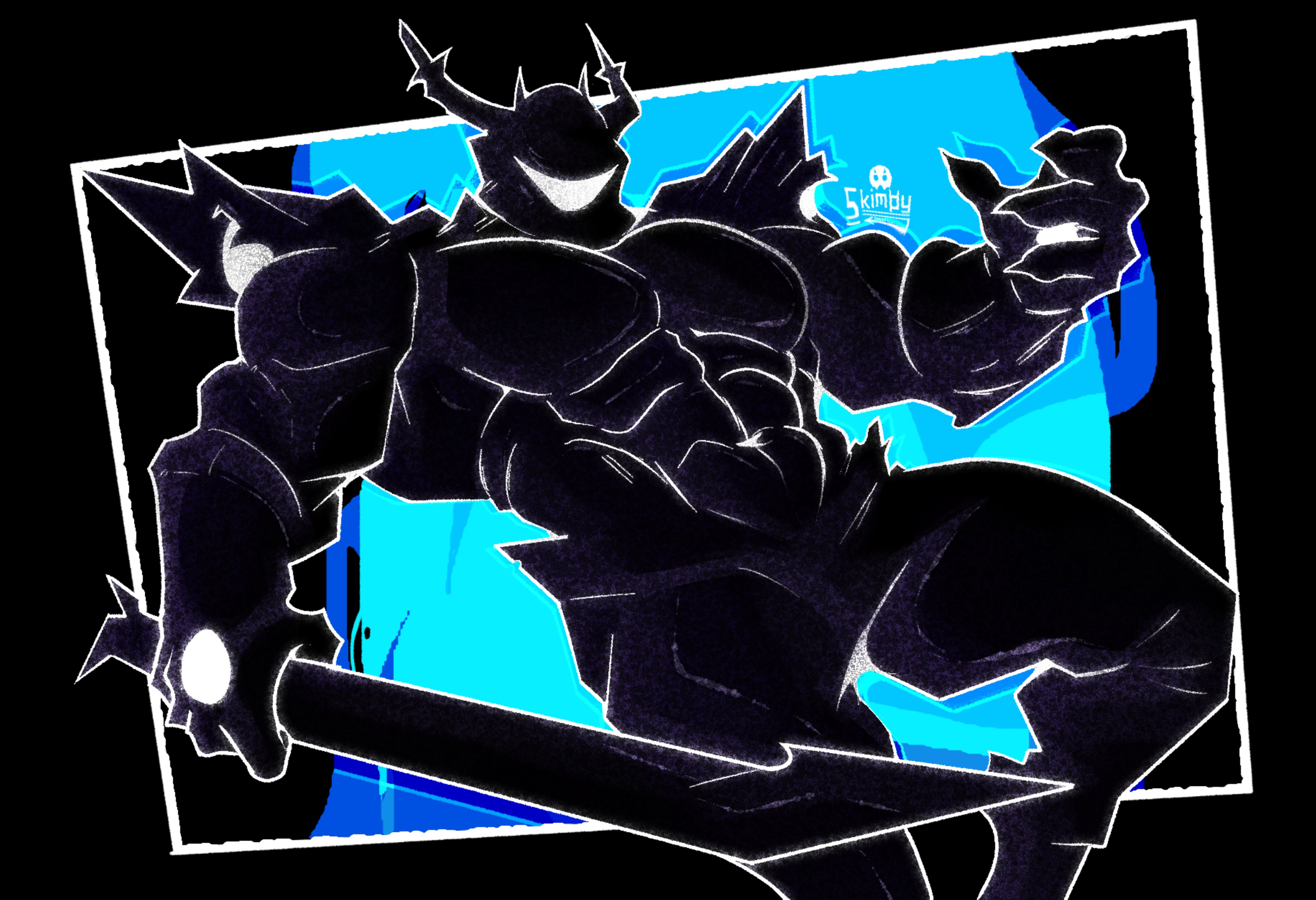 skimpybun, roaring knight, deltarune, utdr (toby fox), absurdres, commentary, english commentary, highres, 1other, abs, armor, artist name, black armor, claws, fake horns, helmet, holding, holding sword, holding weapon, horned helmet, horns, looking at viewer, muscular, navel, pectorals, sword, weapon