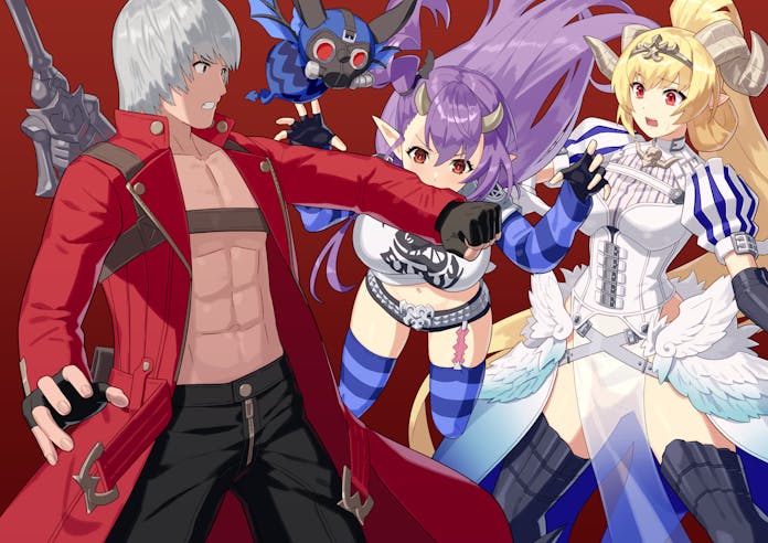 yagi2013, dante (devil may cry), leviathan (the seven deadly sins), lucifer (the seven deadly sins), rebellion (sword), devil may cry, devil may cry (series), devil may cry 3, the seven deadly sins, commission, skeb commission, abs, angry, behemoth, belt, biting arm, blonde hair, coat, confused, demon girl, demon horns, gas mask, high ponytail, horns, mask, name connection, navel, pentagram, pointy ears, ponytail, purple hair, red eyes, scene reference, striped clothes, striped thighhighs, studded belt, surprised, sword, sword on back, thighhighs, trench coat, weapon, weapon on back, white hair