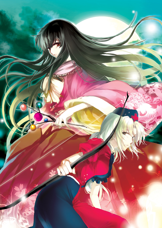 irua, houraisan kaguya, yagokoro eirin, touhou, silver hair, bad id, bad pixiv id, 2girls, black hair, bow (weapon), braid, branch, female focus, hat, jeweled branch of hourai, long hair, moon, multiple girls, red eyes, weapon